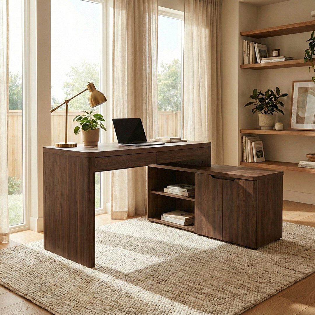 George Oliver Arriaga L-Shape Executive Desk Walnut 76cm H X 140cm W X 118cm D
