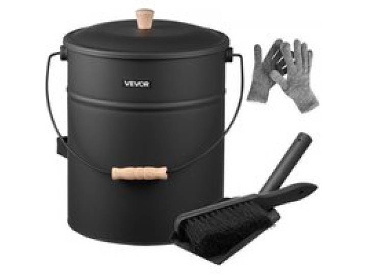 VEVOR Ascheeimer mit Deckel, 4 tlg. Set, inkl. Kohleeimer Schaufel, Besen & Handschuhen, Kaminkohleeimer & Aschedose aus Metall, 15 L Fassungsvermögen für Kamine, Feuerstellen, Holzöfen