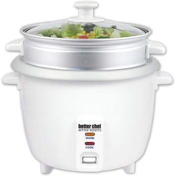 Better Chef 10 Cup Rice Cooker with Food Steamer Attachment in White