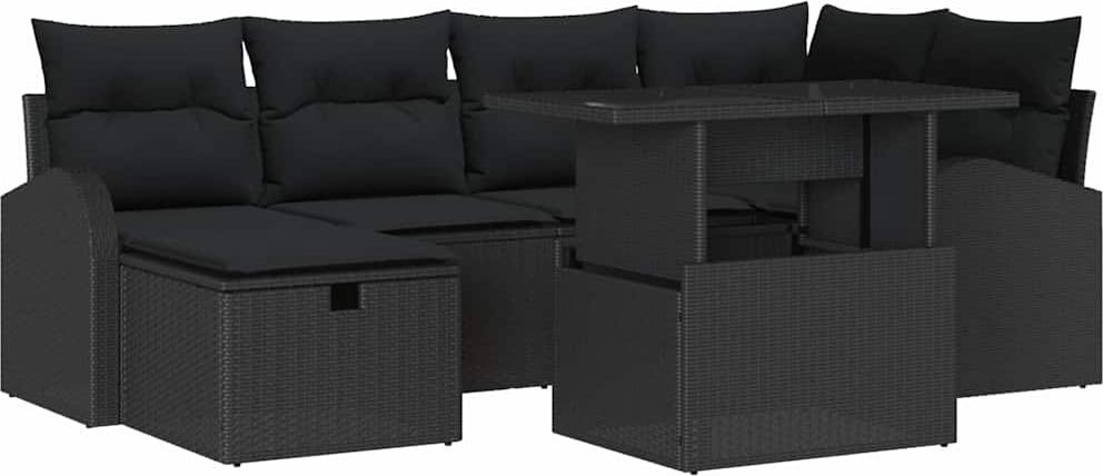 Modulares Garten-Sofa-Set, 7-teilig, für Outdoor, mit Stauraum, höhenverstellbarem Tisch, Poly Rattan Schwarz, 6 Sitzplätze