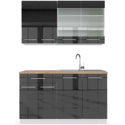 Vichy, Regal, Singleküche Fame-Line, Anthrazit Hochglanz/Weiss, 140 cm, AP Eiche (140 x 60 x 81.60 cm)