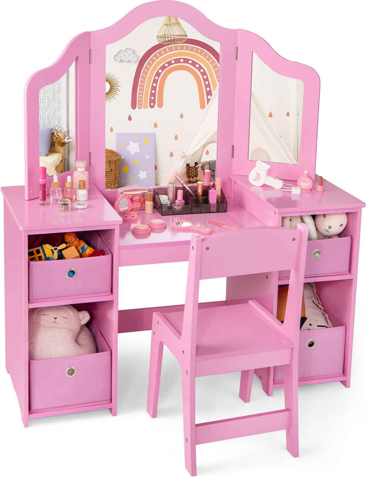 Costway Kindermake-up tafel en stoel set met 3 afneembare spiegels, roze