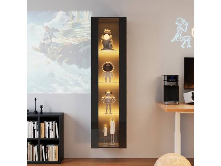 BTM LED Glasvitrine Schwarz Acrylplatte Vitrine Schmal Standvitrine 170 cm