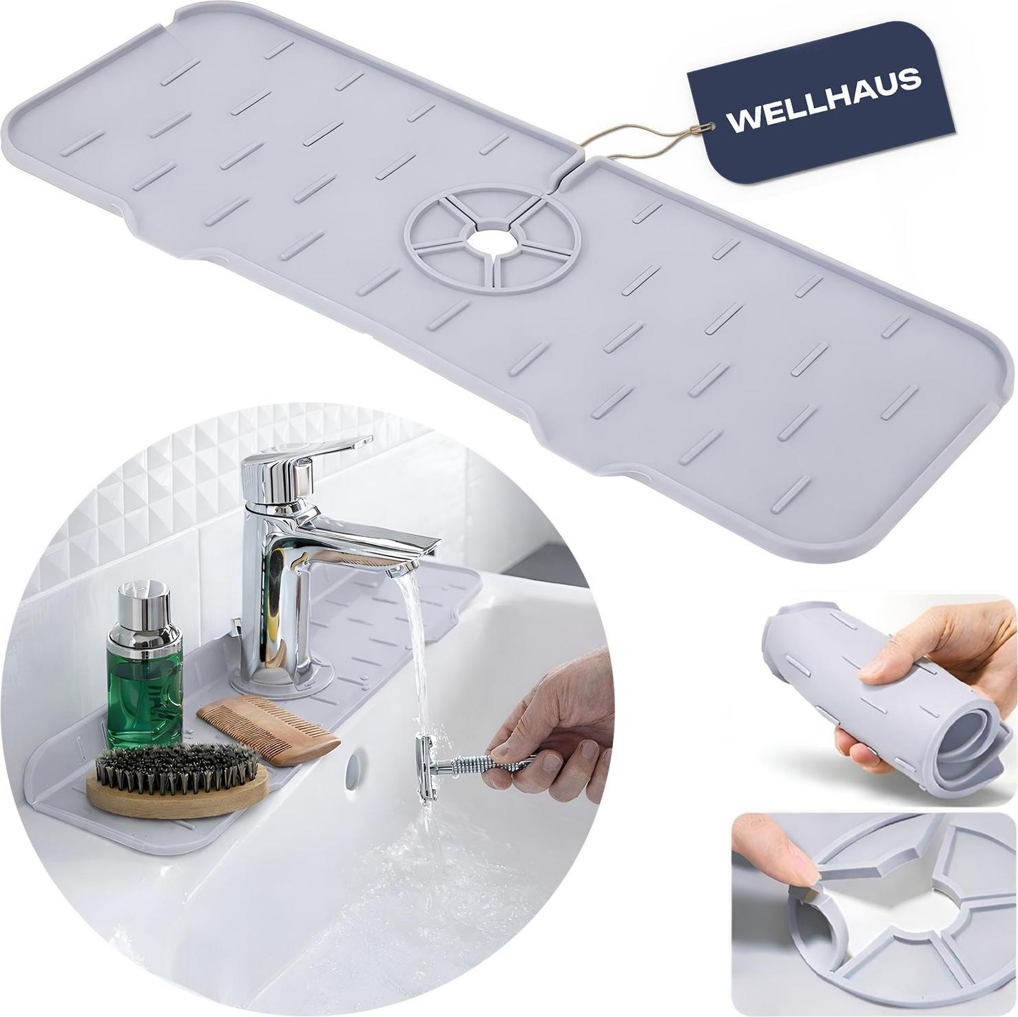 WELLHAUS Siliconen beschermmat voor wastafel onder de kraan, grijs