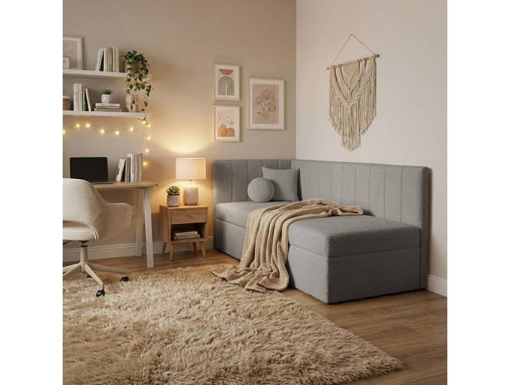 BEAUTYSOFA Eckbett 90x200cm RAFI Jugendbett mit Bettkasten & Topper – Schlafsofa aus Bouclé Grau, flexibel montierbar für Kinder- und Jugendzimmer