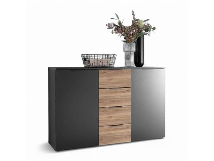ASKA Kommode Sideboard mit Schubladen in Graphit und Mauvella Eiche-Optik 135 x 89 x 40 cm (B/H/T), 2 Türen, 4 Schubkästen, Stauraum für Ihr Schlafzimmer, moderne Farbkombination