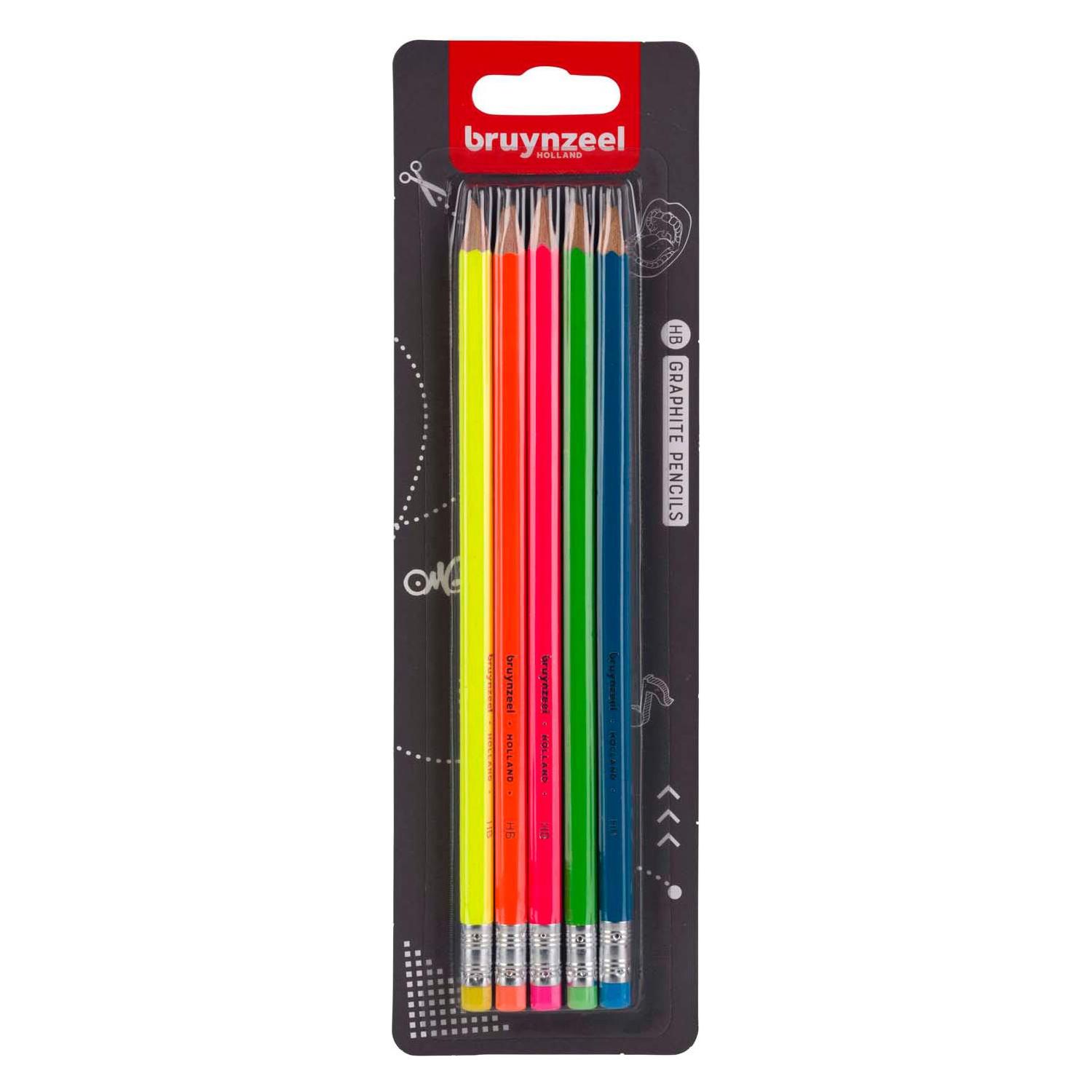 Bruynzeel Graphitstifte-Set Neon, 5 Hb-Bleistifte mit Radiergummi (5H, 5x) (60211105)