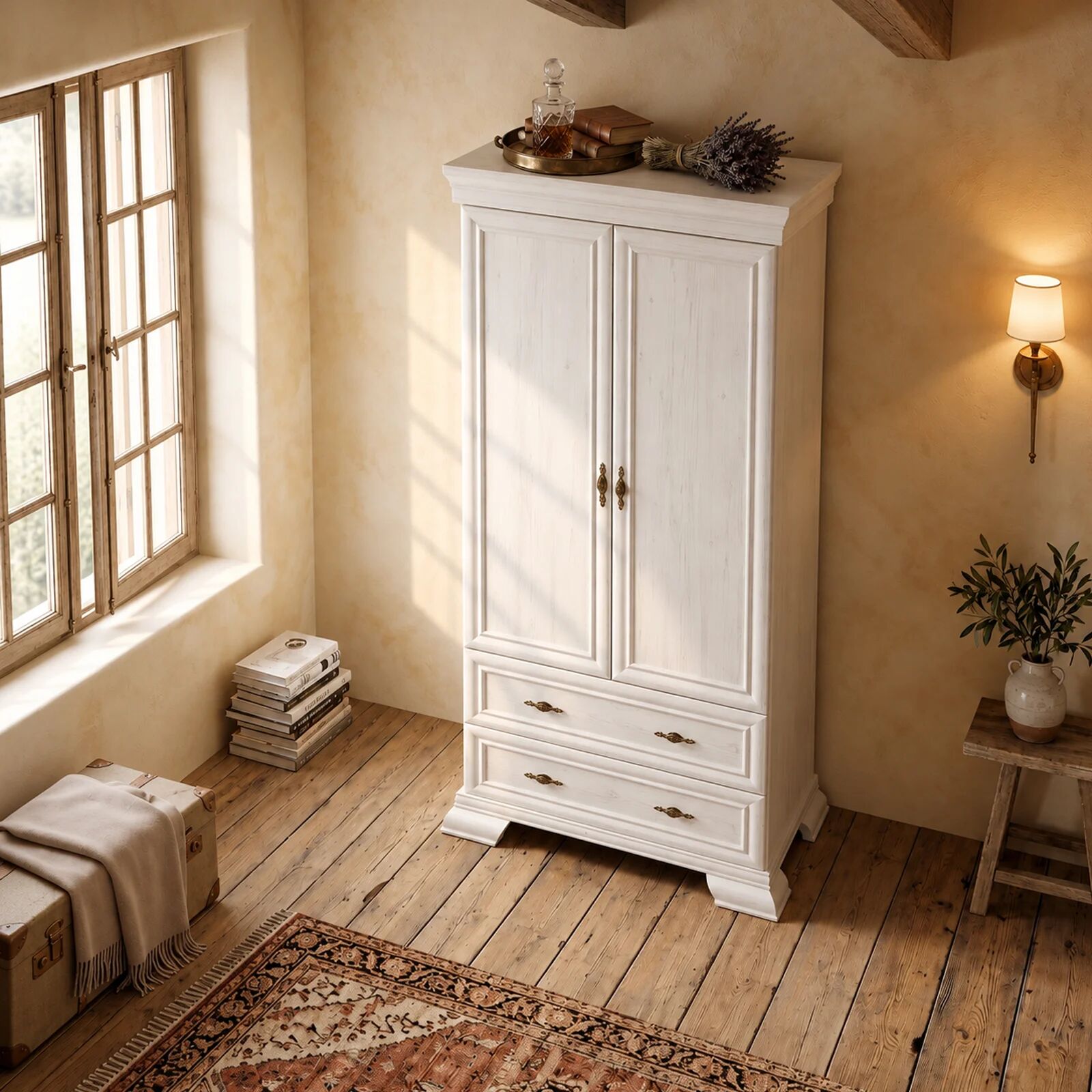 garneroarredamenti Armadio 88x193h cm 2 ante 2 cassetti shabby bianco frassinato Kelly