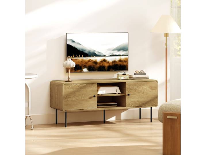 HOMCOM Meuble TV 55 Chêne avec Pieds Acier et Rangement