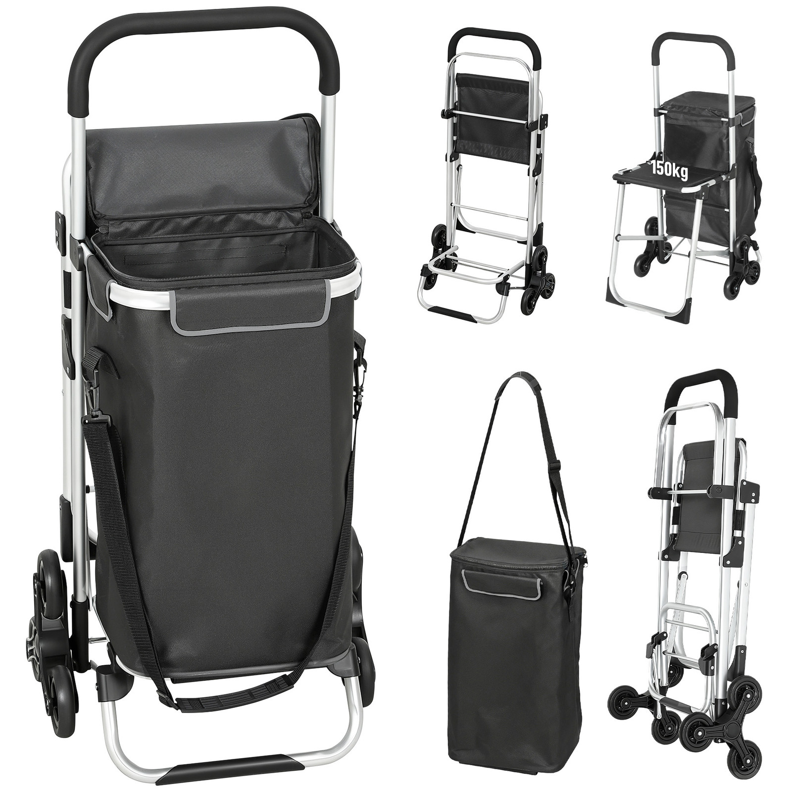 HOMCOM boodschappentrolley met 40 L Oxford-tas, 3-wiel ontwerp, aluminium frame en zitting, Donkergrijs