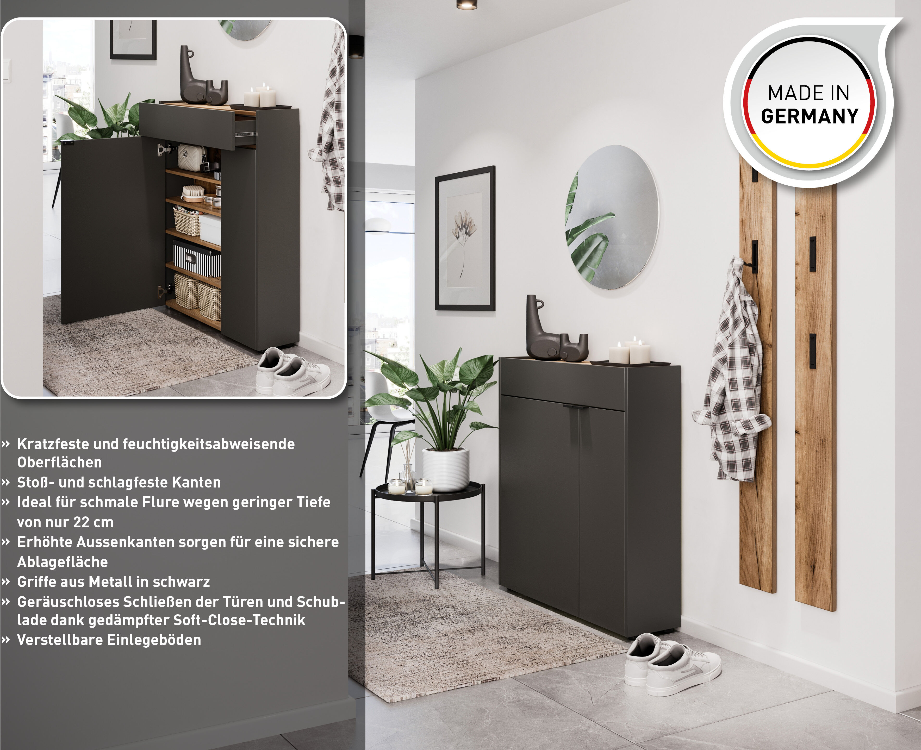 Schuhschrank GERMANIA "Ameca", grau (graphit, navarra, eiche, nachbildung), B:83cm H:99cm T:22cm, Holzwerkstoff, Schränke, Schuhschrank, avec faible profondeur - idéal pour couloirs étroits, largeur 83 cm graphit, navarra, eiche, nachbildung Graphit, B/H/