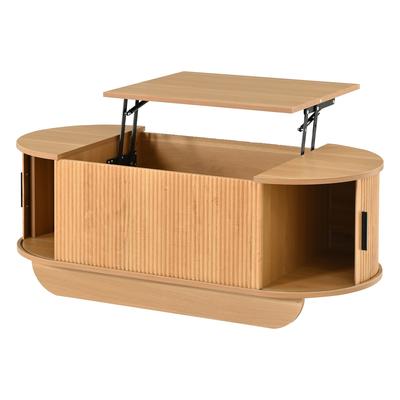 Merax Höhenverstellbarer Couchtisch 100 x 50 cm, ovaler Wohnzimmertisch mit Hydraulik-Lift, Rollläden und Stauraum, Holzoptik