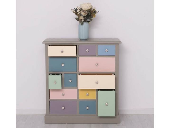 Apothekerkommode in braungrau mit Schubladen multicolor-pastell