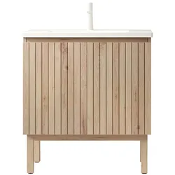 OKWISH Freistehender Badezimmer-Waschtischunterschrank aus Keramik und Spanplatte in Weiß/Weißeiche, mit Soft-Close, 2 Türen und verstellbarem Regal