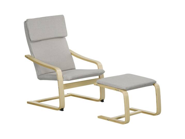 RELAXSESSEL mit Hocker, Lounge mit Armlehnen, Leinenoptik, Holzgestell, Hellgrau