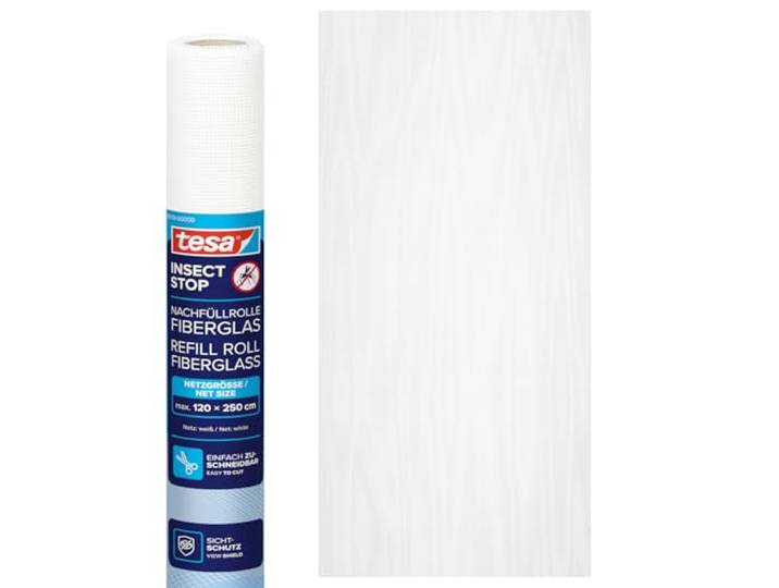 tesa INSECT STOP Nachfüllrolle Fiberglas - 120 cm x 250 cm - Weiß Fliegengitter Ersatzrolle aus Fiberglas-Gewebe - für tesa Aluminium Rahmen für Fenster und Türen - zum Zuschneiden