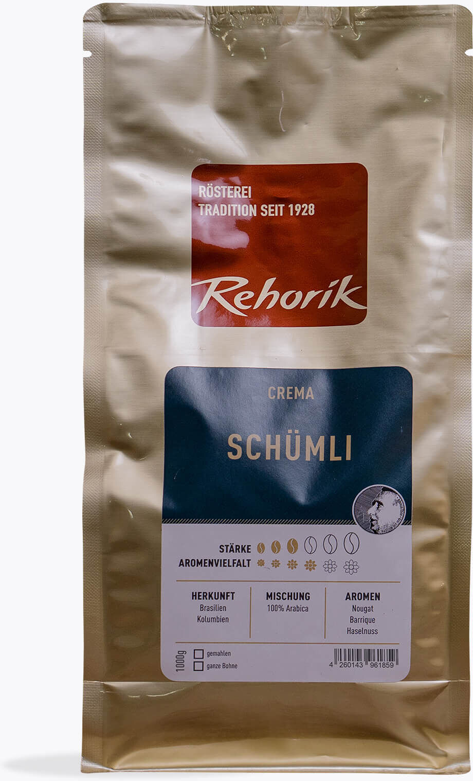 Rehorik Schümli Crema 1 kg   Ganze Bohne   Brasilien, Kolumbien   Milde Arabica Mischung für Vollautomaten mit Noten von Haselnuss und Nougat