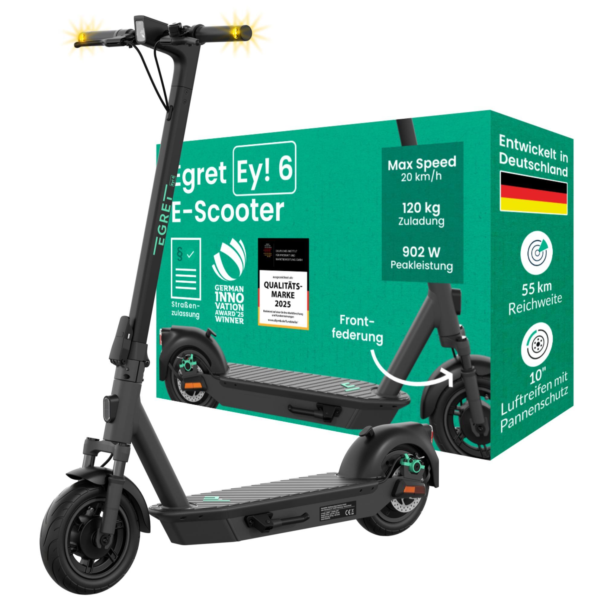 EGRET E-Scooter mit Straßenzulassung (ABE), 55 km Reichweite, 10" Luftreifen, Federung, Blinker, 902 W Motor, 120 kg Traglast, App - Ey! 6