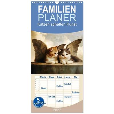 Familienplaner 2027 - Katzen schaffen Kunst mit 5 Spalten (Wandkalender, 21 x 45 cm) CALVENDO