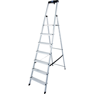 Stehleiter KRAUSE "Safety", grau (aluminiumfarben), B:52cm H:11cm L:230cm, Aluminium, Leitern, Aluminium, 1x7 Stufen, Arbeitshöhe ca. 350 cm