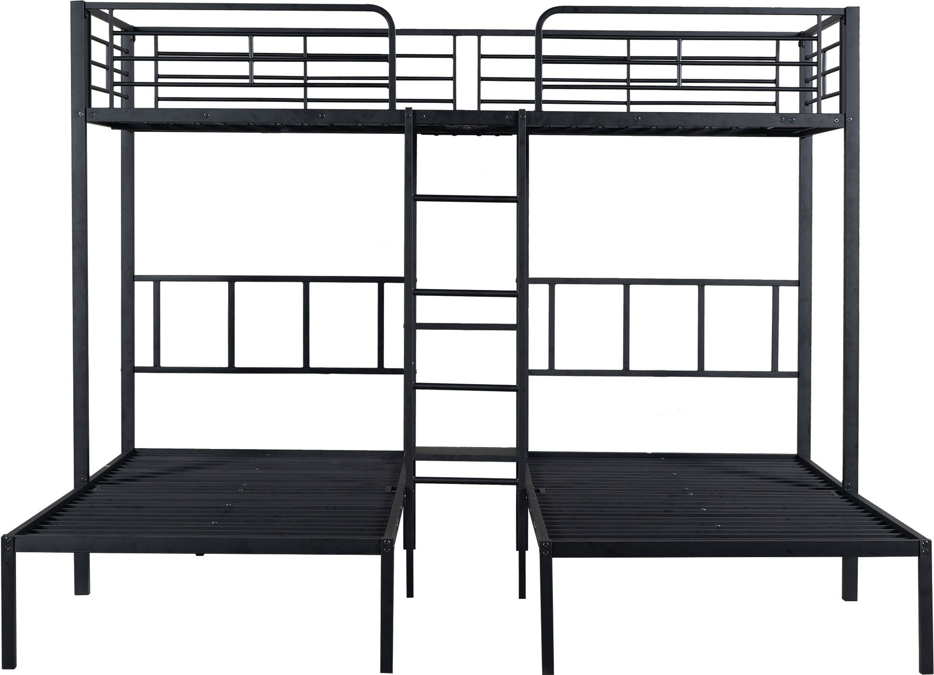Dreierbett 90x200cm Etagenbett (Ohne Matratze) drei Eisenbett Kinderbett Jugendbett Metallbett Mit Leiter Mit Fallschutzgitter und Tisch Schwarz