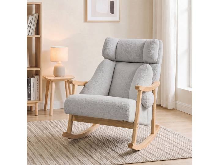 HOMCOM Fauteuil à bascule bouclé bois 65x98x88cm Gris clair