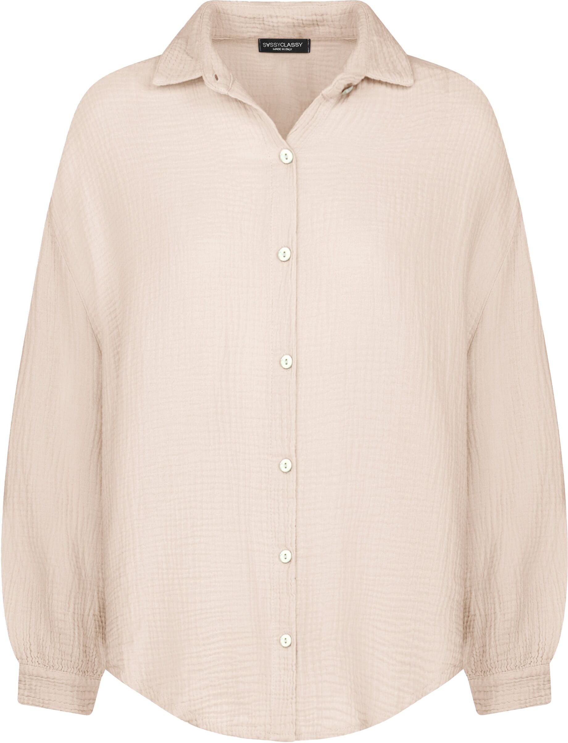 Langarmbluse SASSYCLASSY "Ultra Oversize Musselin-Blusenhemd kürzere Variante", Damen, Gr. 0-M, beige (hellbeige), Weitere Stoffart, Obermaterial: 100% Baumwolle CO., lang, V-Ausschnitt, Blusen Langarmbluse, Hemdbluse lang aus Baumwolle mit V-Ausschnitt, 