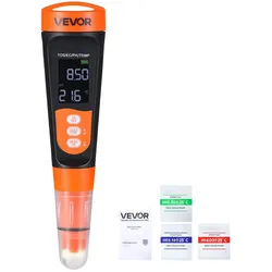 VEVOR pH-Meter, pH/EC/TDS Multiparameter-Messung, IP68 Wasserdichte Sonde, Taschen-Tester-Set mit Kalibrierpulver-Päckchen, VA-Display, PH Messgerät, Wassertester für Wasserqualitätsprüfung