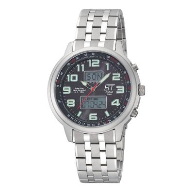 Funkchronograph ETT "Hunter World Timer", grau (silberfarben), Armbanduhren, Herren, Armbanduhr, Herrenuhr, Stoppfunktion, Datum, Solar, Edelstahlarmband