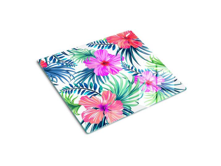 Tulup Glasplatte 60x52 cm Hawaiianische Blumen, Mehrfarbig, Glas, 60x0.4x52 cm, Küchen, Küchenelektrogeräte, Herde, Herdabdeckplatten