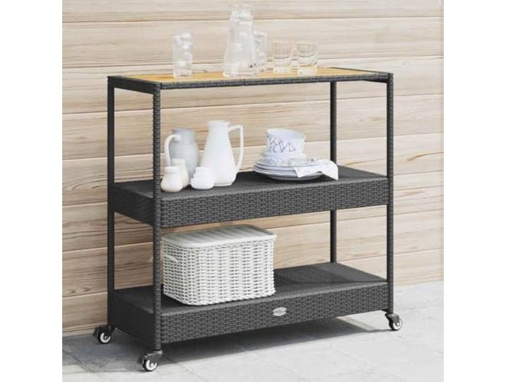 smnyxs Barwagen mit 3 Etagen, Schwarz Rattan und Akazienholz Polyrattan, geflochten, Platte aus massivem Akazienholz, Rahmen aus pulverbeschichtetem Stahl, 4 Räder, Garten, Terrasse