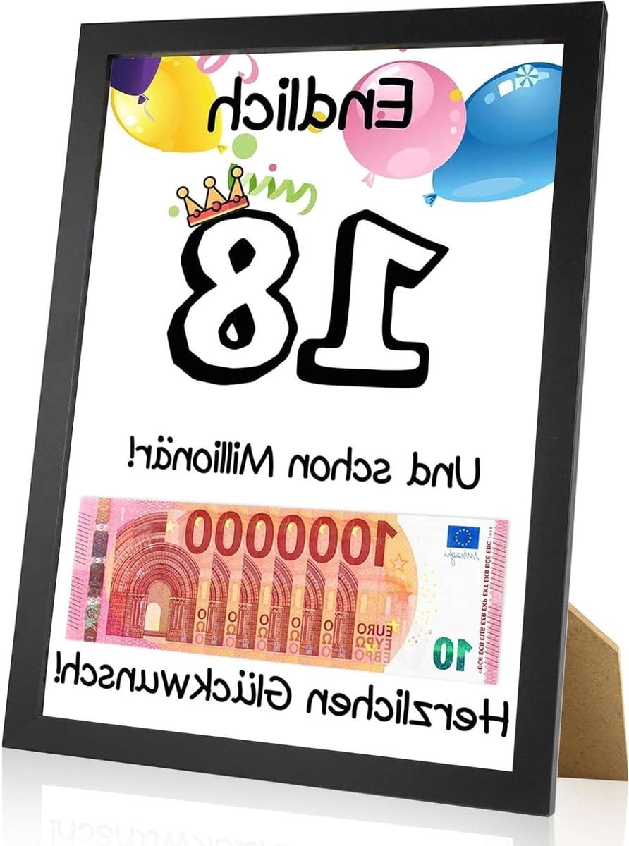 Creatieve 18e verjaardag geldgeschenk verpakking met Happy Birthday fotolijst thema