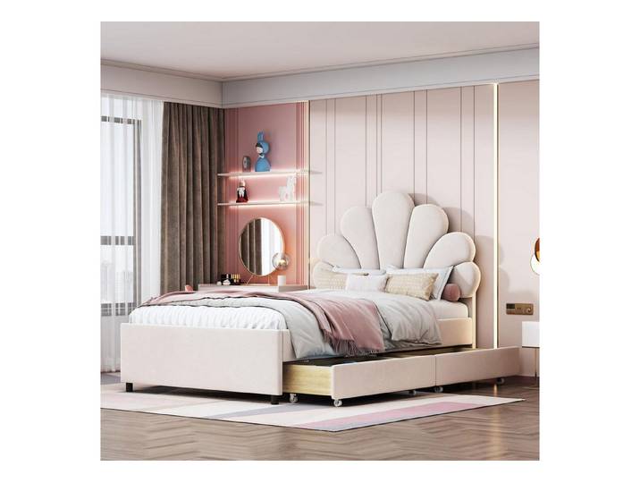 LuxusKollektion Kinderbett Polsterbett Kinderbett 90x200 cm Samt Beige