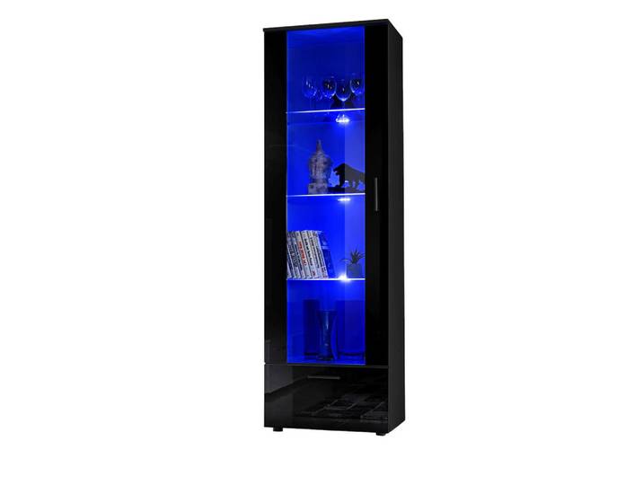 Komodee Vitrine Alessandria, Schwarz, LED Blau, Schwarz, Schwarz, Uni, 3 Fächer, Rechteckig, 60x192x42 cm, Esszimmer, Vitrinen, Vitrinenschränke