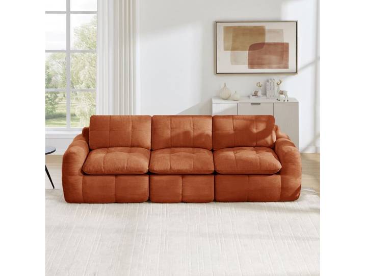 WOVREO Canapé modulable 3 places en chenille orange droit sans montage avec accoudoirs