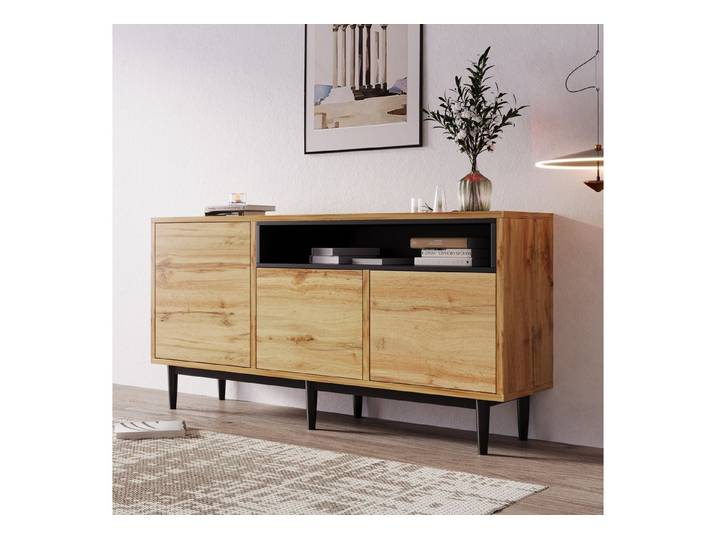 IDEASY Sideboard Modernes Holz-Sideboard 160x35x76cm, 3 Türen + Regale