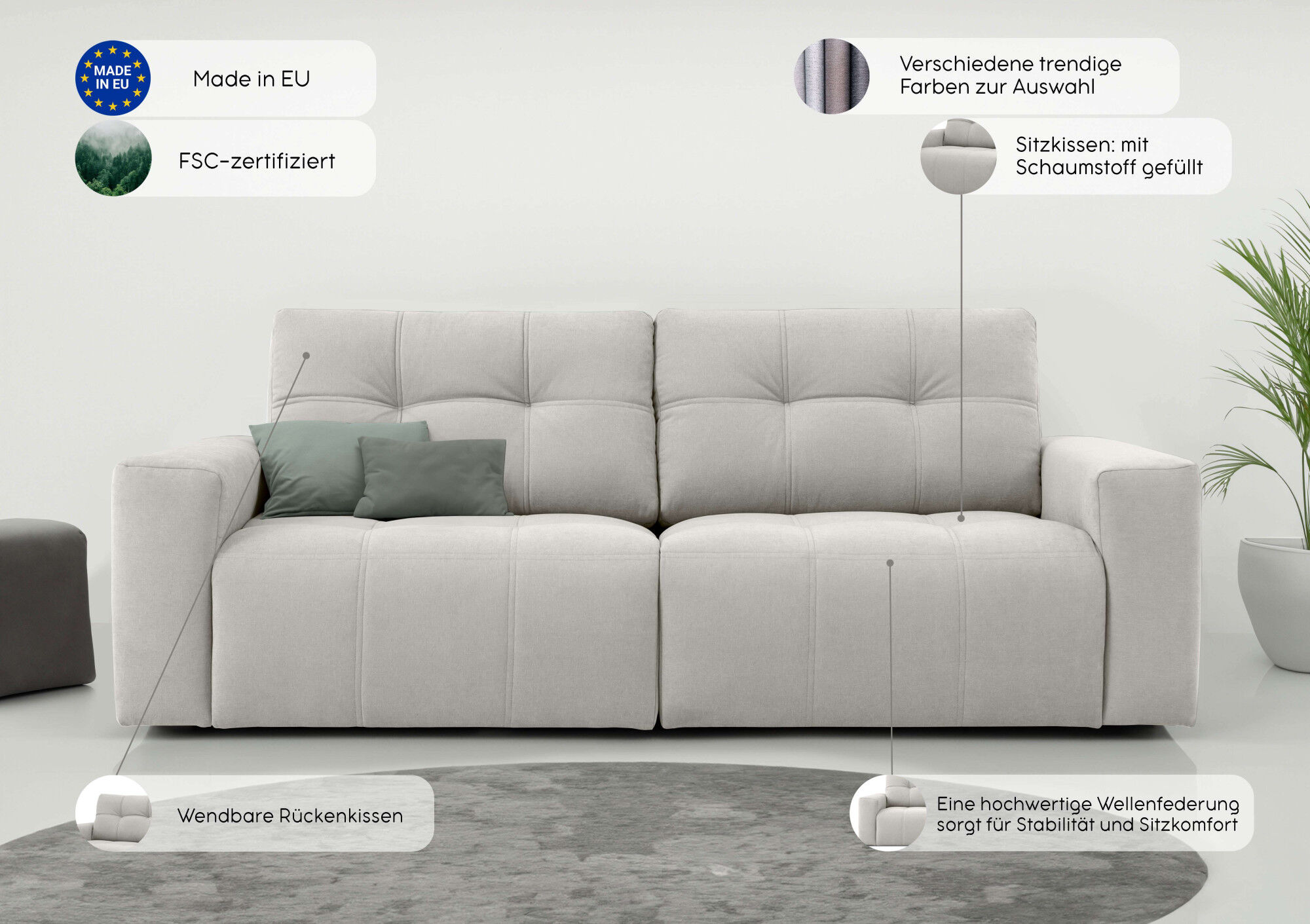 3-Sitzer OTTO HOME "Turnon, Lounge-sofa, Breite 220 cm", beige (creme), B:220cm H:84cm T:94cm, 100% Polyester, Sofas, 3-Sitzer, Chenille, mit Knopf- und Doppelsteppung, elegantes Aussehen