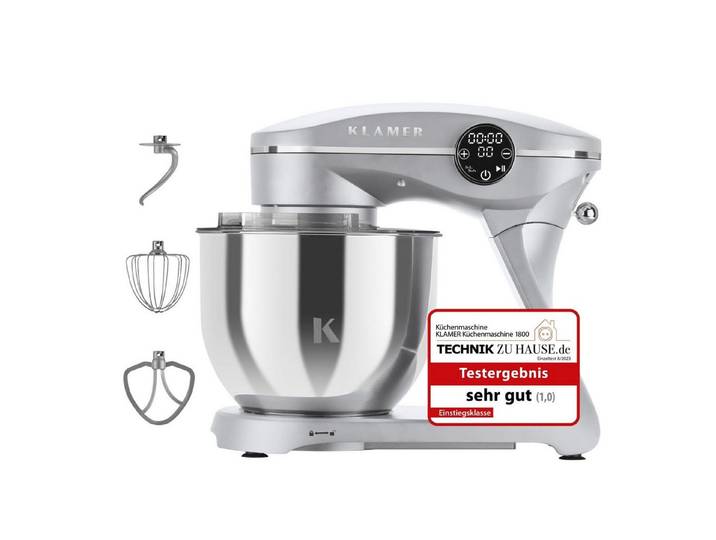 KLAMER Küchenmaschine 1800W, 6L Edelstahl-Schüssel, Knetmaschine mit 10 Geschwindigkeiten & Timer, silber, 1800 W, 6 l Schüssel, Spritzschutz, 3 Werkzeuge, Saugfüße, digitales Display, Timer