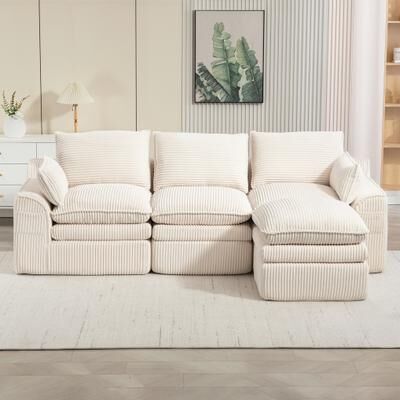 L Shaped Compressed Modular Sectional Sofa Modern Corduroy Upholstered Couches with Movable Footstool