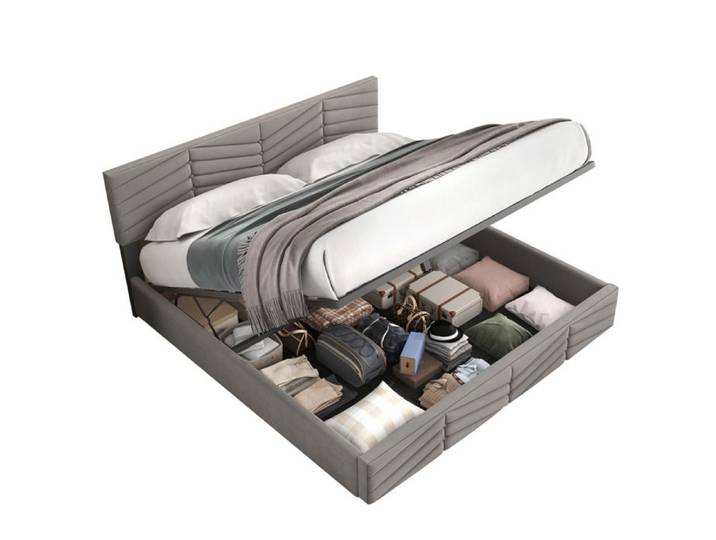 ELVORIN Lit coffre double 160 x 200 cm velours gris tête de lit réglable ouverture hydraulique