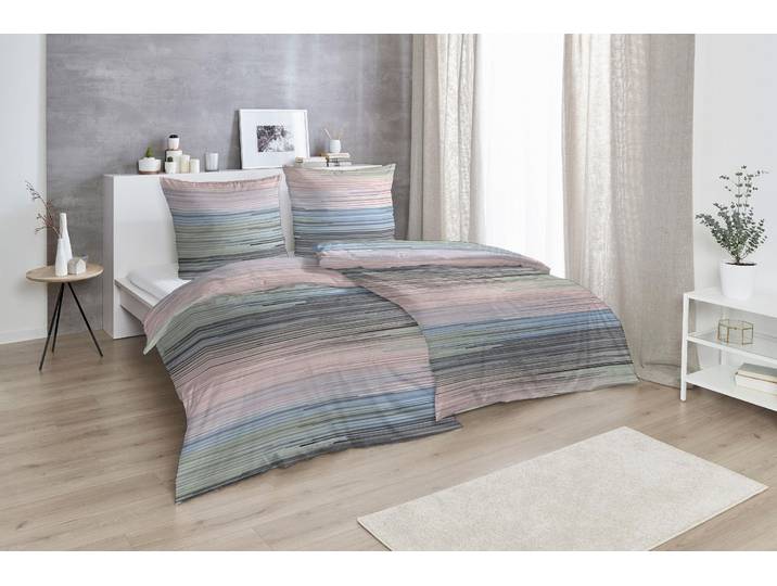 Bettwäsche PRIMERA Strip Up Your Life , bunt (blau, grün, mauve), B/L: 135cm x 200cm, 1 Stk., 1 Stk., Satin, B/L: 80cm x 80cm, 2 Stk., Satin, Obermaterial: 100% Baumwolle, Bettwäsche, Bettwäsche, mit ineinander laufende Streifen