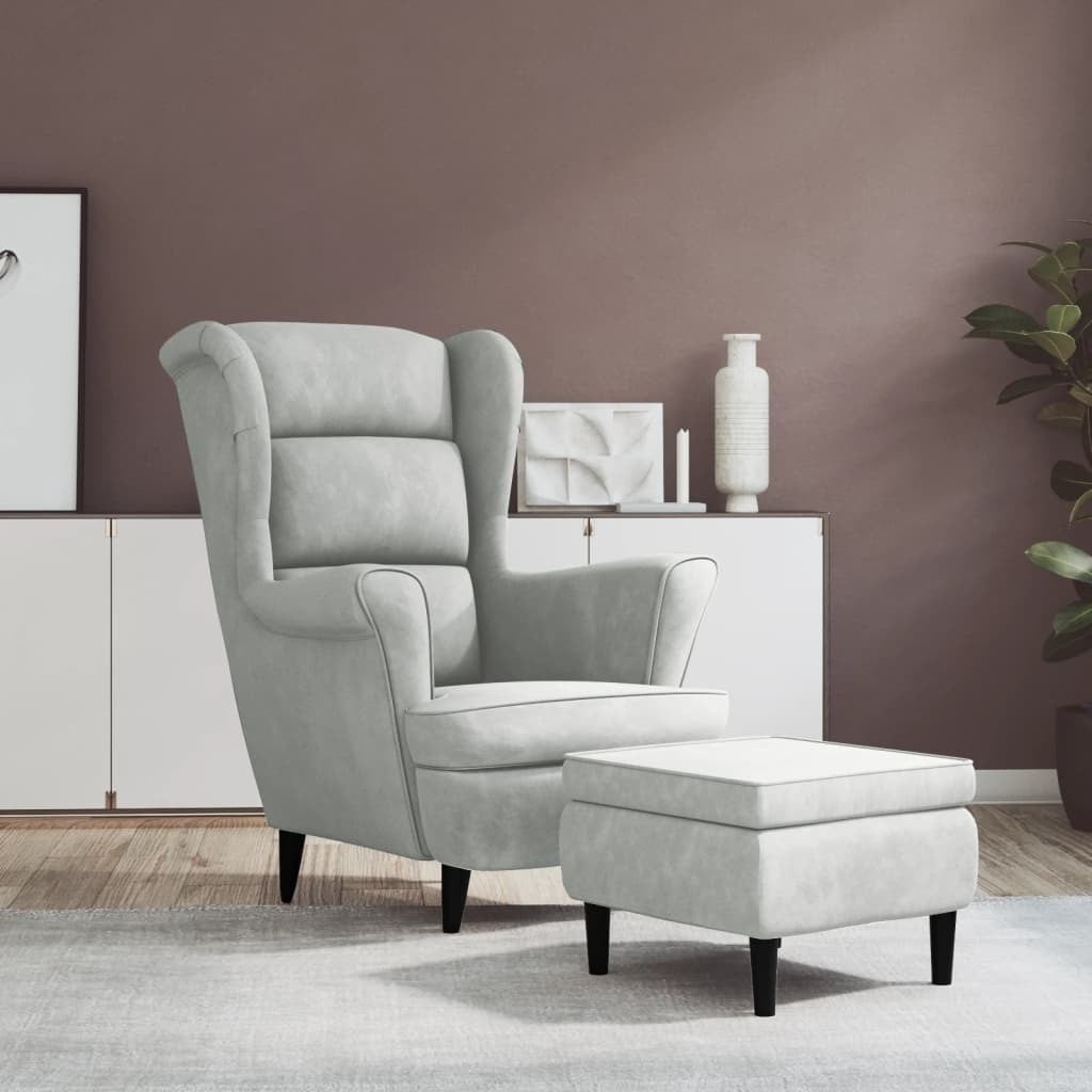 De Living Store fauteuil met hocker, lichtgrijs, fluweel