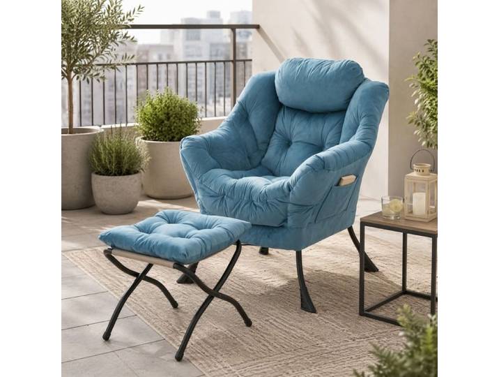 Fauteuil relax - ZEVKOR - Fauteuil relax 1 - Avec hocker - Tissu & structure métal - Bleu