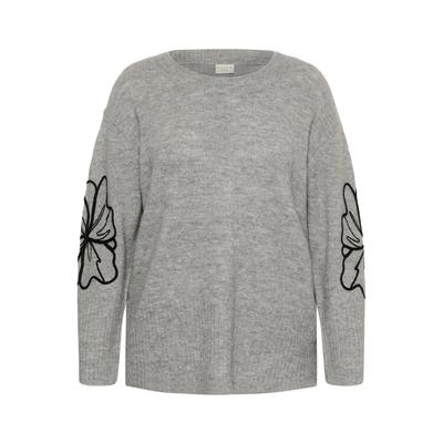 Strickpullover KAFFE CURVE "KAFFE Curve Strickpullover KCerina", Damen, Gr. S, grau (grau melange, schwarz flower emb.), Pullover Strickpullover