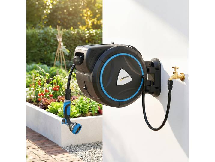 Outsunny Enrouleur Tuyau Mural 23+2m Automatique Pistolet 10 Modes