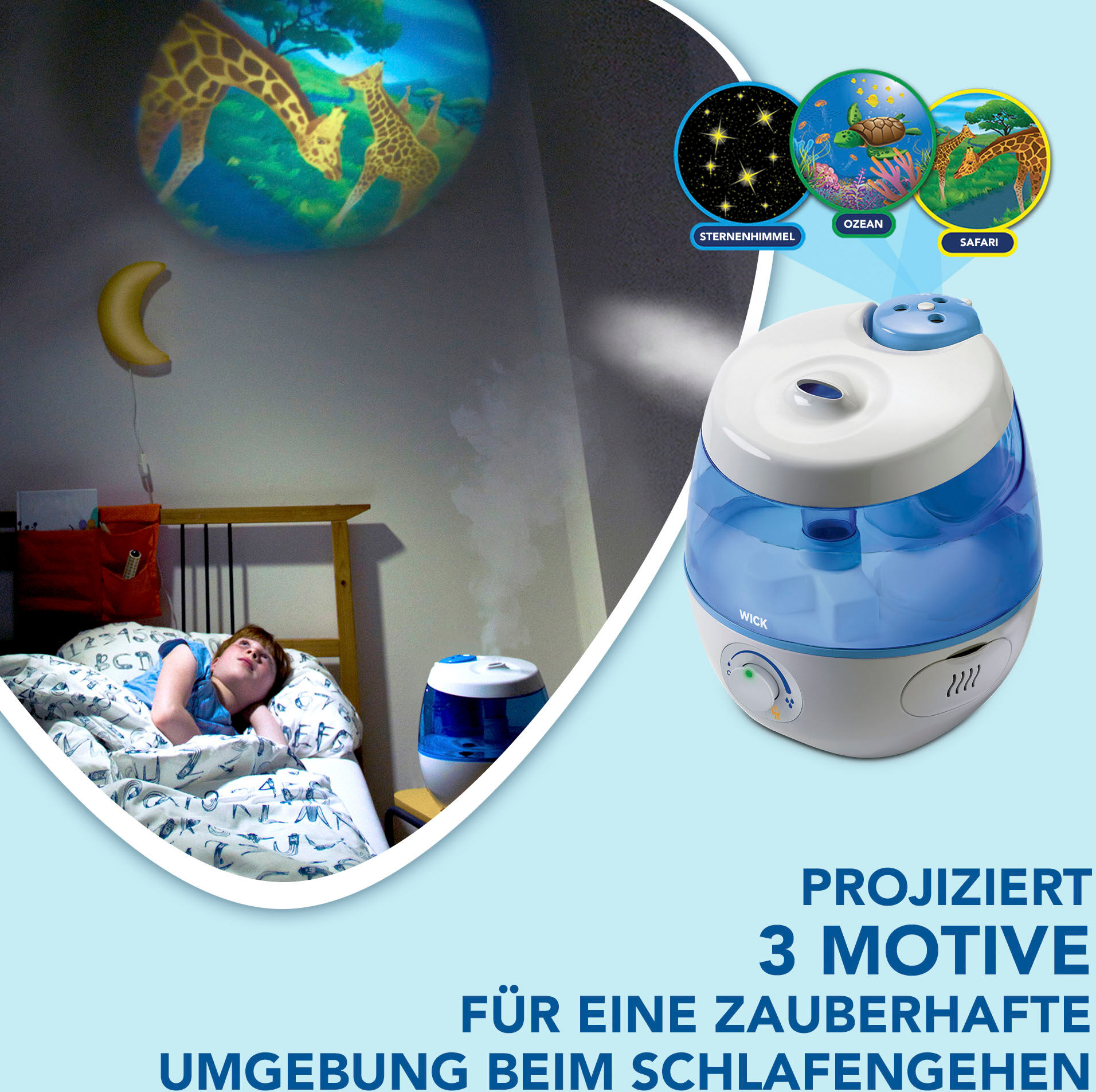 Luftbefeuchter WICK "SweetDreams Kaltluft-Luftbefeuchter mit Lichtprojektion - WUL575", weiss (weiß, blau), B:25cm H:25cm T:28,4cm, Luftbefeuchter, Luftbefeuchter, Projiziert 3 Motive: Safari, Ozean und Sternenhimmel weiß, blau Einheitsgröße
