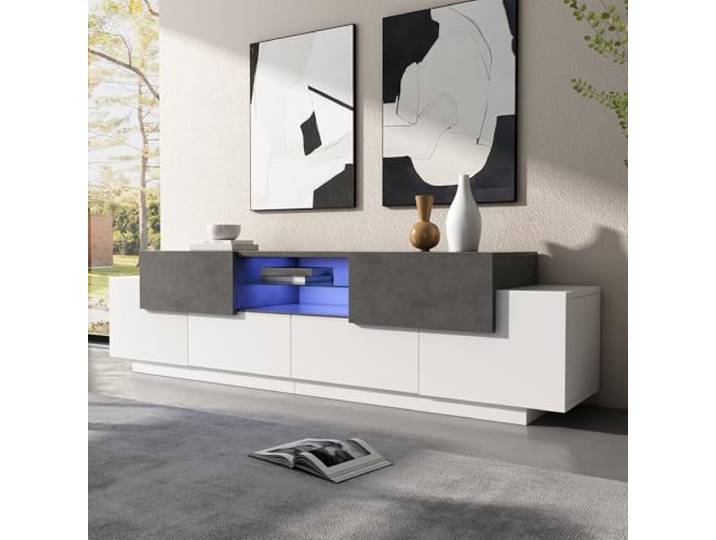 BTM LED TV-Schrank mit Marmoroptik & Glasböden 180x40cm Lowboard für 80-Zoll-TV Gaming Media Center Weiß+Grau, 50kg Tragkraft, App-Steuerung