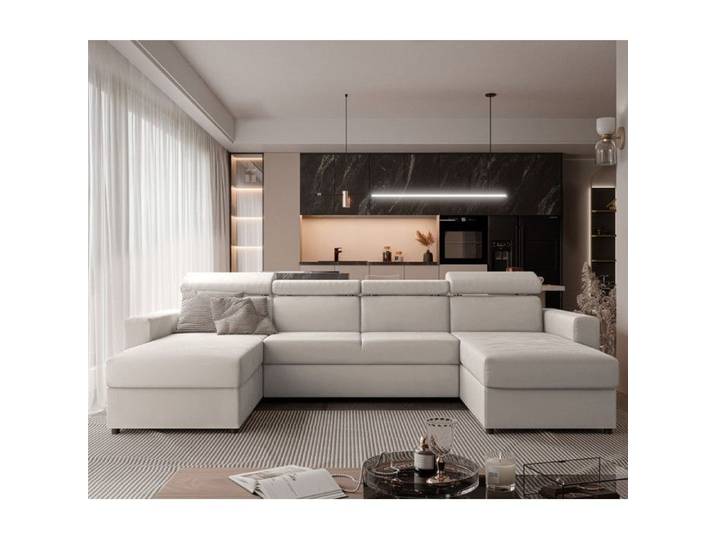 Canapé Panoramique BENI II - 6 places - Convertible avec Tétières - Tissu Velours Crème