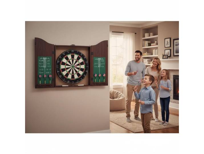 Jeu de fléchettes professionnel en sisal avec armoire et 6 fléchettes, adapté aux loisirs et au divertissement