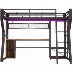 OKWISH Hochbett aus Metall und MDF, Schwarz, 90 x 200 cm, mit Lichtleiste, Steckdose, Schreibtisch und Kleideraufhängung